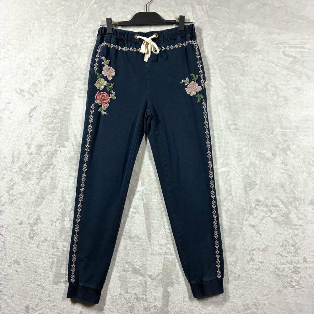 Sundance Faded Fields Embroidered Floral Jogger Sweatpants Navy Boho S *Read